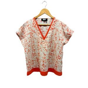 DKNY Top V Neck Women's Size M Orange White Tie Dye Short Sleeve Casual‎ Boho